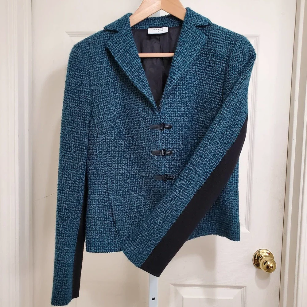 AKRIS PUNTO Emerald Green/Black Textured Buttoned Wool Blend Blazer sz US 8 - Picture 3 of 10